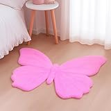 Tinideya Butterfly Rugs for Girls Bedroom Cute Bright Pink Butterfly Area Rug with Serged Edge Soft Faux Rabbit Fur Rug Shaggy Play Mat Carpet for Playroom Nursery Girls Room Decor, 23.6 x 35.4 Inch