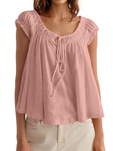 Image of Tankaneo Women Summer Tie Front Tank Tops Cap Sleeve Pleated Babydoll Tops Casual Loose Fit Going Out Flowy Shirt