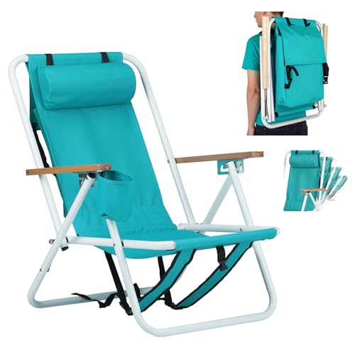 Folding Beach Chair Adjustable Headrest w/4 Flexible Tilt Angle, with Backpack Design, Headrests, Cup Holders & Armrests - Ideal for Sand,Camping, Lawn Concerts (Headrest,Mint Green, 1 pcs) - image 1
