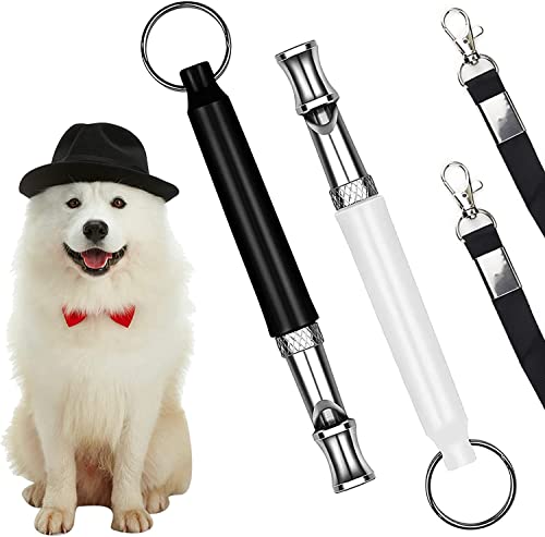 犬笛 吠え防止 2パック 調節可能なピッチ 超音波 静音 犬用ホイッスル 犬の訓練ツール 近所の犬の吠え防止 ペットのリコール 犬の攻撃を防止 ブラックストラップ付き (ブラック&ホワイト)
