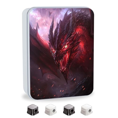 Image of Metal Tin Box with Lid,Multi-functional Storage Box Can Store Tea Biscuits Game Cards, Playing & Tarot Cards-Comes with 4 Magnetic Cord Clips,Red Dragon Portrait