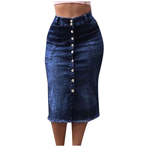 Women's Midi Jean Skirt Button Up High Waist Denim Skirt Super Comfy Stretch Denim Skirt Dark Blue