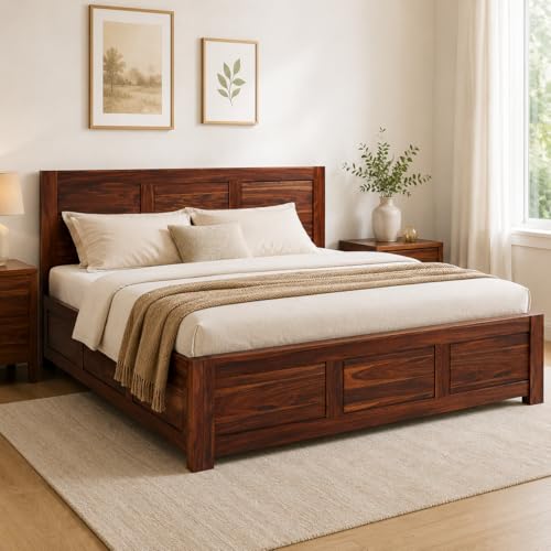 Image of Solid Wood King Size Bed with Storage for Bedroom | Wooden Bed Furniture Crafted from Premium Sheesham Wood Double Bed | Honey Finish | 81x74.5x35 Inches