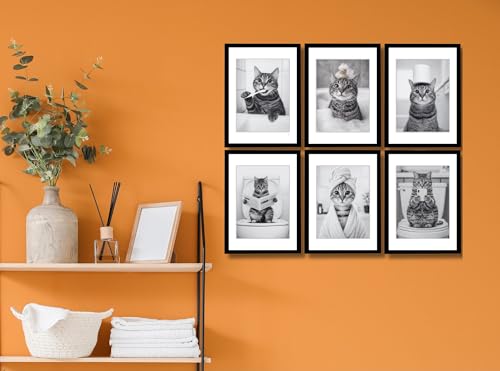 Image of Mira Mest Framed Bathroom Wall Decor | Funny Quotes & Cute Animal Art Prints | Quirky Toilet Signs & Guest Bath Decorations | Minimalist Black & White Washroom Signs | Ready to Hang Toilet Humor for Home & Powder Room (Bath Cat Combo)