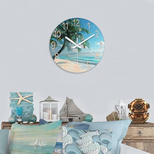 Image of XFM Large Tropical Beach Wall Clock Silent Non-Ticking 24 Inch | Silent Non-Ticking Battery Operated Blue Modern Glass Palm Tree Decorative for Living Room Kitchen Bedroom Office