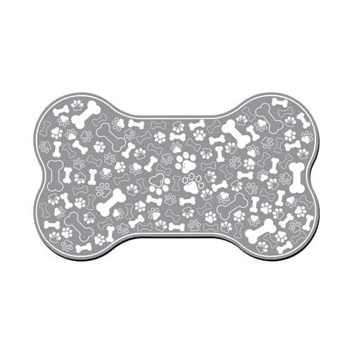 Dog & Cat Food Mat Bone Shaped Pet Feeding Mat Quick Absorb Water Bowl Placemat with Rubber Backing Indoor Floor Stain Resistant Pet Accessory Supplies (Grey, 17x29 Inches)
