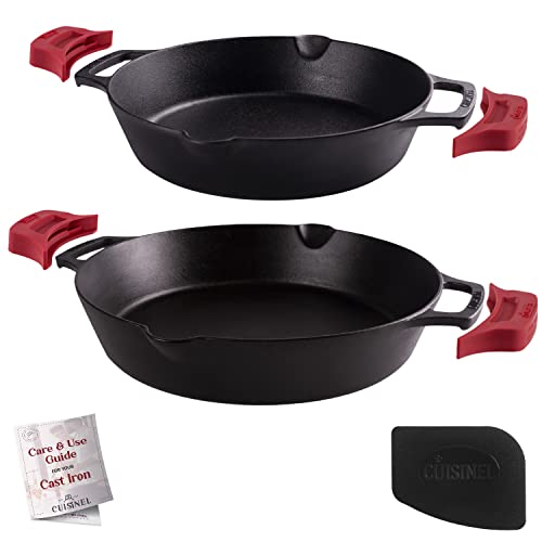 Image of Cast Iron Skillet Set - 10 inch + 12 inch-Inch Dual Handle Frying Pans + Silicone Handle Holder Covers + Pan Scraper - Pre-Seasoned Oven, Grill, Stovetop, Induction Safe Kitchen Cookware - Indoor /Outdoor Use