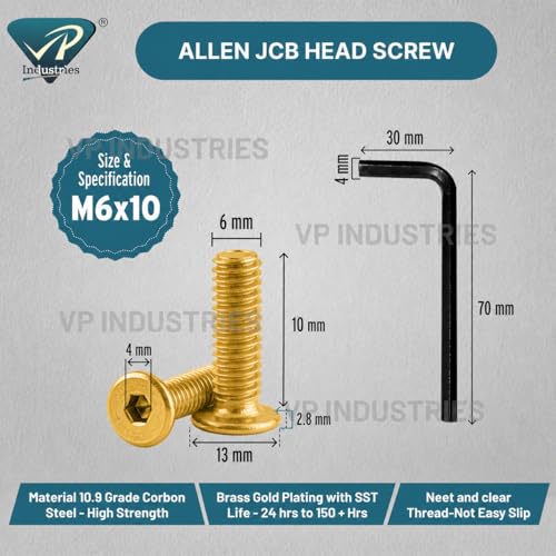 Image of By inchVP INDUSTRIES inch (Pcs-25) M6x10 mm Allen JCB Flat Head Screw Brass Gold Plated High Tensile | Allen key Head Screw for Modular Furniture, Wooden Work, Electrical Fittings, DIY & Industrial Use