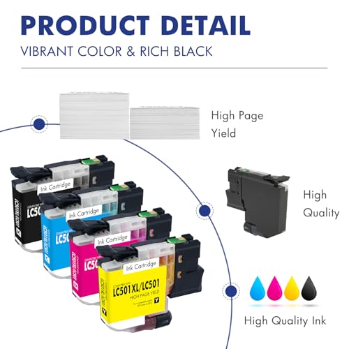 Image of LC501XL LC501 MFC-J1360DW Ink Cartridges for Brother Printer Work Smart 1360 MFC-J1260W MFC-J1260DW MFC-J1410DW MFC J1360DW J1260W J1260DW J1410DW Series Printer (4 Pack Black Cyan Magenta Yellow)