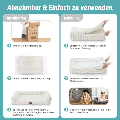 COZY KISS Orthopädisches Hundebett für Extra Große Hunde 110x80x17cm – Hundesofa mit Weichem Kunstfell & Cordbezug, Eierförmiger Kistenschaum, Ergonomischer Hundekorb, Abnehmbar & Waschbar, Creme, XL