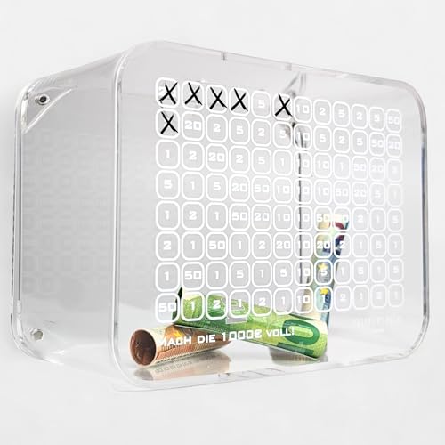 Sparbox mit Zahlen ankreuzen mit Stift, Spardose aus Acryl Glas, Wiederverwendbare durchsichtig große Spardose Sparziel, Geld sparen, Kinder, Goalsaver Box aus Plexiglas, Sparbüchse 1000 Euro