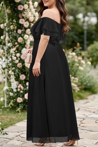 Image of Pinup Fashion Plus Size Formal Bridesmaid Wedding Guest Chiffon Long Dress | Chiffon, off-the-shoulder neckline, layered ruffles, ruched elastic waist, floor-length, evening party, wedding guest