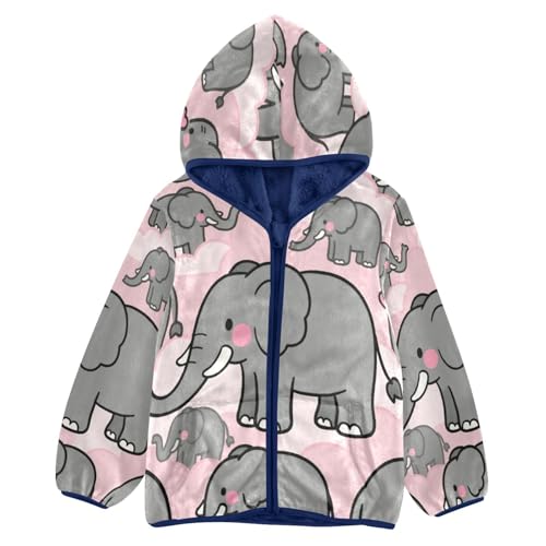 Elephant Pattern with Pink Clouds Toddler Fleece Jacket Girl Boys Hooded Fleece Jacket Coat Warm Outwear Zip-up 3-10T
