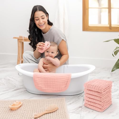 Image of Baby Muslin Washcloth Cotton Baby Wipes Cum Face Towel, Pack of 5, 10x10 inches - Pink