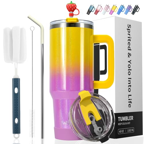 Image of 40 oz Shiny Tumbler with Handle and Straw,Stainless Steel Tumbler with Lid and Straw,Insulated Travel Mug(Cold for 34 Hours),Water Bottle for Iced Tea,Coffee (Yellow)