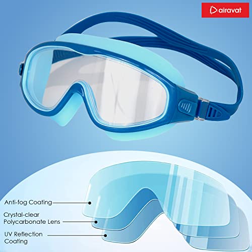 Image of AIRAVAT Macho swimming goggles for Kids Children Teens, polycarbonate goggles, Anti-Fog, Anti-UV, Wide View Swimming Goggles, Free size (Blue Combo)