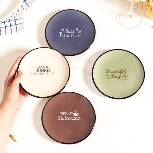 Image of Nestasia Ceramic Round Snack Plate Set of 4 (15cm Each) - Inspiring Quotes Embossed Small Plates for Serving Snacks & Desserts | Microwave & Dishwasher Safe (Beige, Grey, Brown & Sage Green)