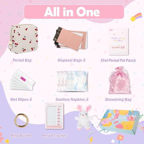 Image of First Period kit for Girls, Corduroy Cute Sanitary Napkin Storage Bag, Menstrual Pad Bag Tampon Holder for Purse, First Period Gifts (Cherry-Beige)