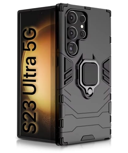 Image of WOW IMAGINE Shock Proof Back Case Mobile Cover for Samsung Galaxy S23 Ultra 5G | Back Cover Case (Tough Armor | Hybrid PC + TPU | Ring Holder & in-Built Kickstand | Black)