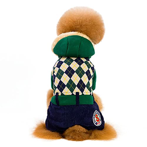 Checkered Pet Poodle Teddy Dog Clothes Sweater Warm 4Leg Dogs Plush Clothes Coat Winter Small Dogs British Style Grid Apparel for Dogs Small to Medium (Medium, Green)