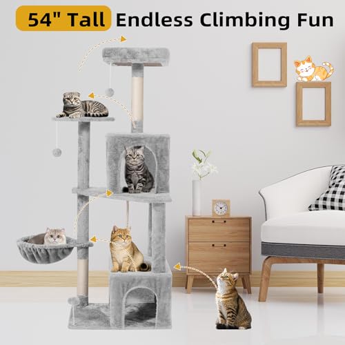 Image of 54inch Large Cat Tree Tower Condo with Hammock for Indoor Cats, Soft Plush Multi-Level Climbing Tree Cat House with Cat Cave, Scratching Post, Sisal Rope, Light Grey