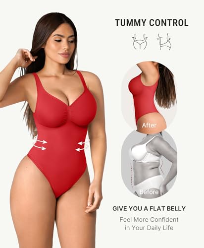 Image of FeelinGirl Shapewear Bodysuits for Women Tummy Control Thong Seamless V Neck Compression Body Suits Corset Top