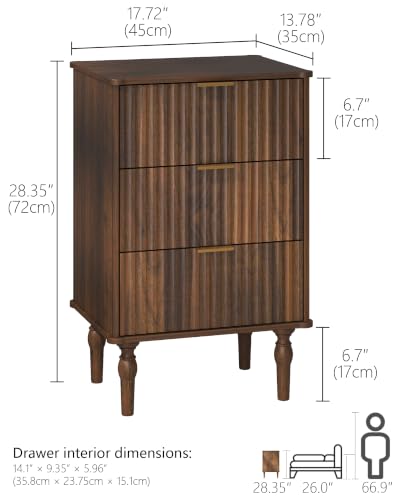 Image of Veegle 3 Drawer Large Nightstand Dark Brown Bedside Table