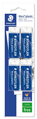 STAEDTLER confezione da 4 gomme per cancellare Mars Plastic, colore bianco, senza ftalati né lattice, ottime prestazioni e lunga durata, 52650BK4DA