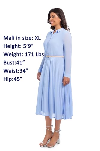 Image of Business Casual Shirt Dress for Women Long Sleeves Pleated Midi Dresses with Belt