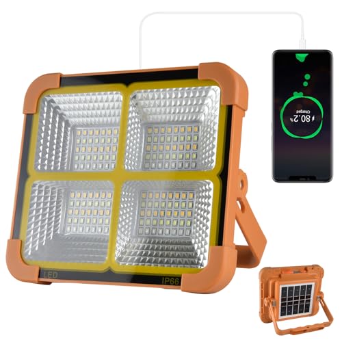 Foco LED Recargable, Foco LED Bateria 336 LEDs/Panel Solar/ 4 Modos de Luz/Batería Externa de 16500mAh/ Base Magnética, Ideal para Camping, Trabajo, Pesca (naranja-mini)