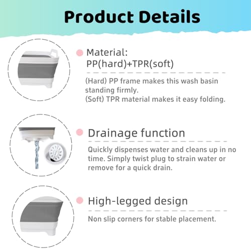 Collapsible Wash Basin for Baby Bottles - 2.4 Gallons Portable Wash Bin for RV Camping Sink, Space-Saving Dish Tub (Gray)