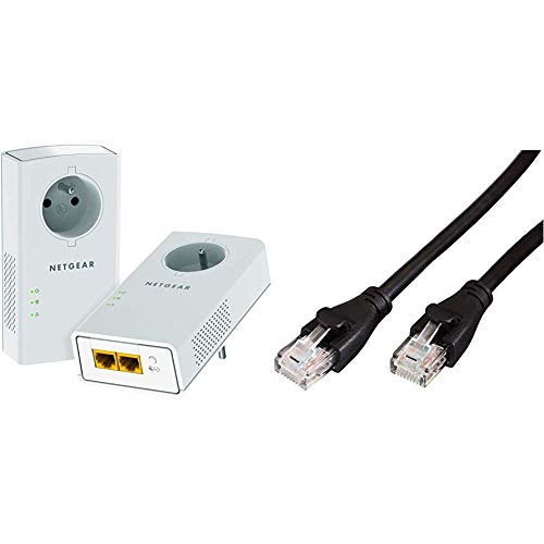 NETGEAR PLP2000-100FRS Pack de 2 Prises CPL 2000 Mbps avec Prise filtrée et 2 Ports Ethernet & Amazon Basics Câble réseau Ethernet RJ45 catégorie 6-3 m