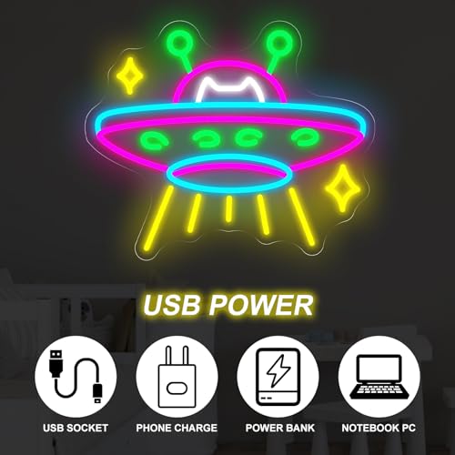 Image of UFO Neon Sign, UFO Cat Led Sign, Neon Led Wall Art, Game Room Neon Sign, Custom Neon Signs, Flying Saucer Bedroom Decor, Gift for Kids, 15.7 inchx13 inch