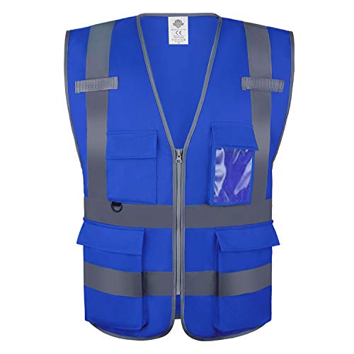 Dazonity High Visibility Safety Vest with Multi Pockets and Zipper,2XL,Reflective Strips, Fit for Men & Women, Work, Construction,Cycling, Runnning, Surveyor, Volunteer (Blue-2XL)