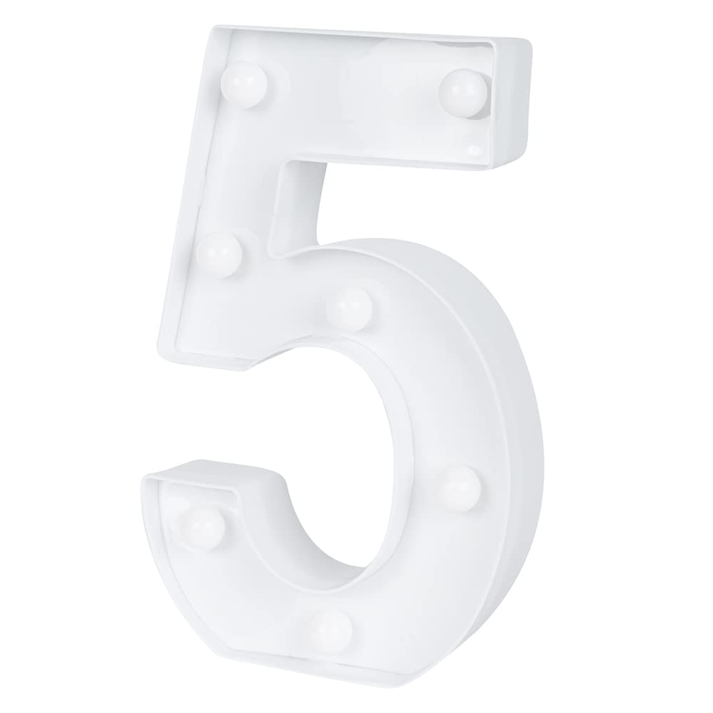 Restaurantware-Illumify 7.1 x 1.2 x 8.7 Inch Light Up Number, 1 Durable Marquee LED Light - Number 5, Touchproof, White Plastic Party Digit Sign Accent, Keyhole Slot, For Weddings, Or Special Events