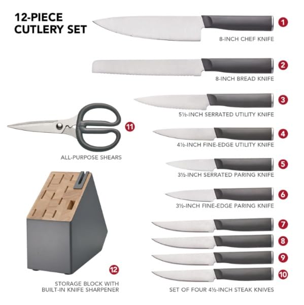 12-Piece Steel Knife Block Set with Built-in Sharpener, Charcoal Gray Handles, Premium Kitchen Cutlery
