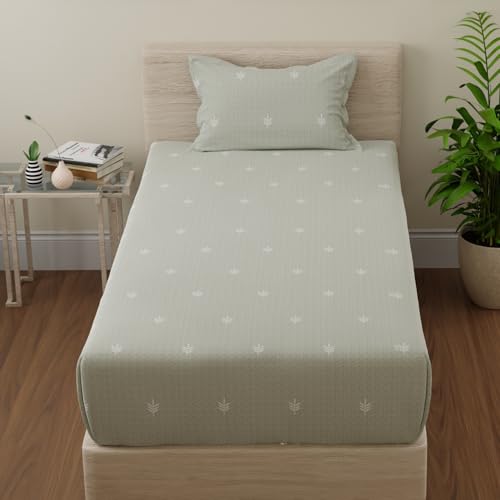 Image of Huesland by Ahmedabad Cotton 144 TC Cotton Elastic Fitted Bedsheet for Single Bed with 1 Pillow Cover | 36 x 78 inches