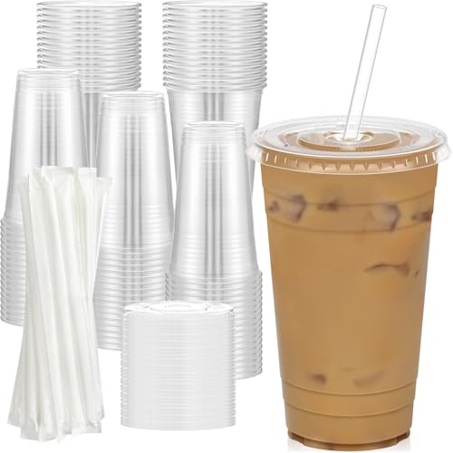 Dealusy 100 Pack - 24 oz Clear Plastic Cups with Lids and Straws Sturdy & Food Safe Iced Coffee Cups with lids Disposable Plastic Smoothie Cups for Cold Drinks
