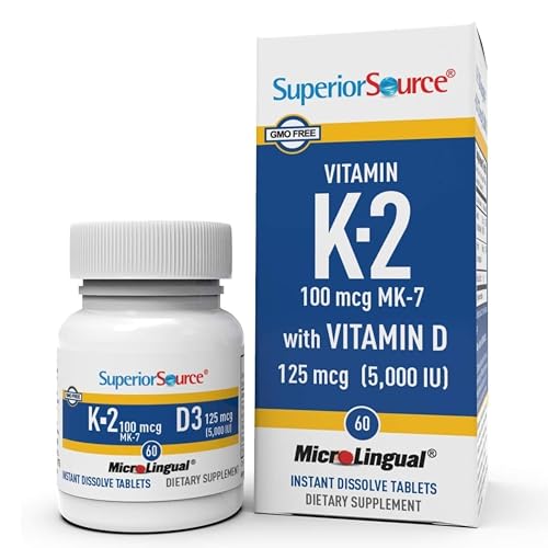 Superior Source K2 (MK-7) 100 mcg, with D3 (5,000 IU) Supplement, Quick Dissolve MicroLingual Tablets, 60 Count, Strengthen Bones, Cardiovascular & Immune System Support, Non-GMO