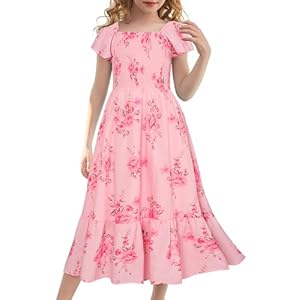 GRACE KARIN Girls Floral Dress Flutter Sleeve Square Neck Tiered Midi Dress Smocked Flared A-line Dress 5-12Y