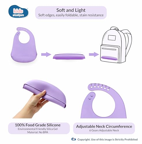 Image of Kids Station Solid 3 Piece BPA-Free Silicone Baby Feeding Set - Baby Bib - Spoon And Bowl - Make Mealtime Fun And Easy For Your Little One - For Infants + Toddlers - Baby Self Feeding Habit - Purple