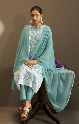 Image of DRESOUL Women Pure Cotton Schiffli Embroidered Kurta Set and Dupatta