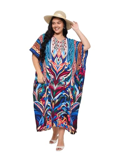 Image of Gypsie Blu Women Plus Size Kaftan Dress Beach Cover Up Maxi Dresses for Women, V-Neck Kimono Sleeve 1X-3X
