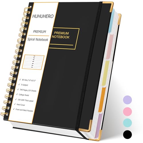 Huhuhero 5 Subject Notebook, 240 Pages Lined Spiral Journal College Ruled, 7.6' x 10.5” B5 Hardcover Journaling Notebooks for Work Note Taking, College School Supplies, Black