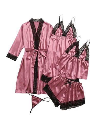 Image of GORGLITTER Women's 5 Piece Floral Print Satin Silk Pajama Set Nightgown Robe Cami Shorts Sleepwear Pj Sets