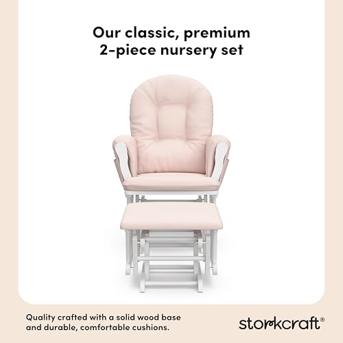 Image of Storkcraft Premium Hoop Glider & Ottoman (White /Pink) - GREENGUARD Gold Certified Nursery Glider, Solid Wood Craftsmanship, Smooth-Gliding Nursery Chair and Ottoman, Award-Winning