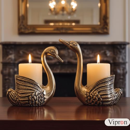 Image of Golden Brass Swan Candle Holder Pair, Decorative Centerpiece for Home Decor, Living Room, Special Occasions, 12 cm and 13.5 cm Height