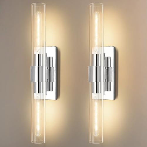 Image of Wall Sconces Set of 2, 22.8 inch Chrome Bathroom Sconces, Indoor Sconces Lighting with Glass, Nickel Vanity Lights with Tube, Dimmable Bedroom Bedside Wall Light for Dressing Table Staircase