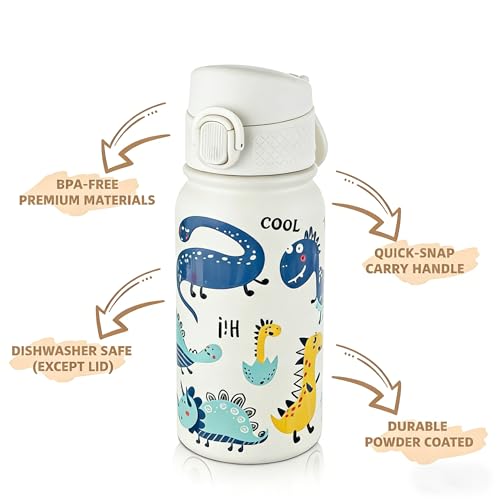 Image of GOPPUS Kids 12oz Insulated Stainless Steel Water Bottle, Leakproof Vacuum Tumbler with Carry Handle, Fits Cup Holders, Reusable Water Bottle for School Outdoor, Boys & Girls（White Dinosaur）