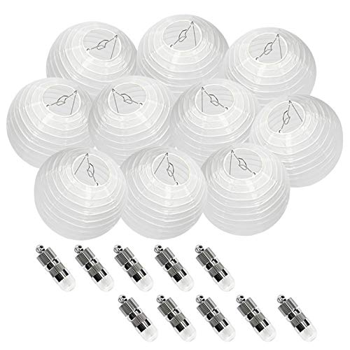 Dazone - 10 farolillos Chinos Blancos de Papel con LED Bola China para decoración de Bodas, cumpleaños, Fiestas, Casas, Navidad